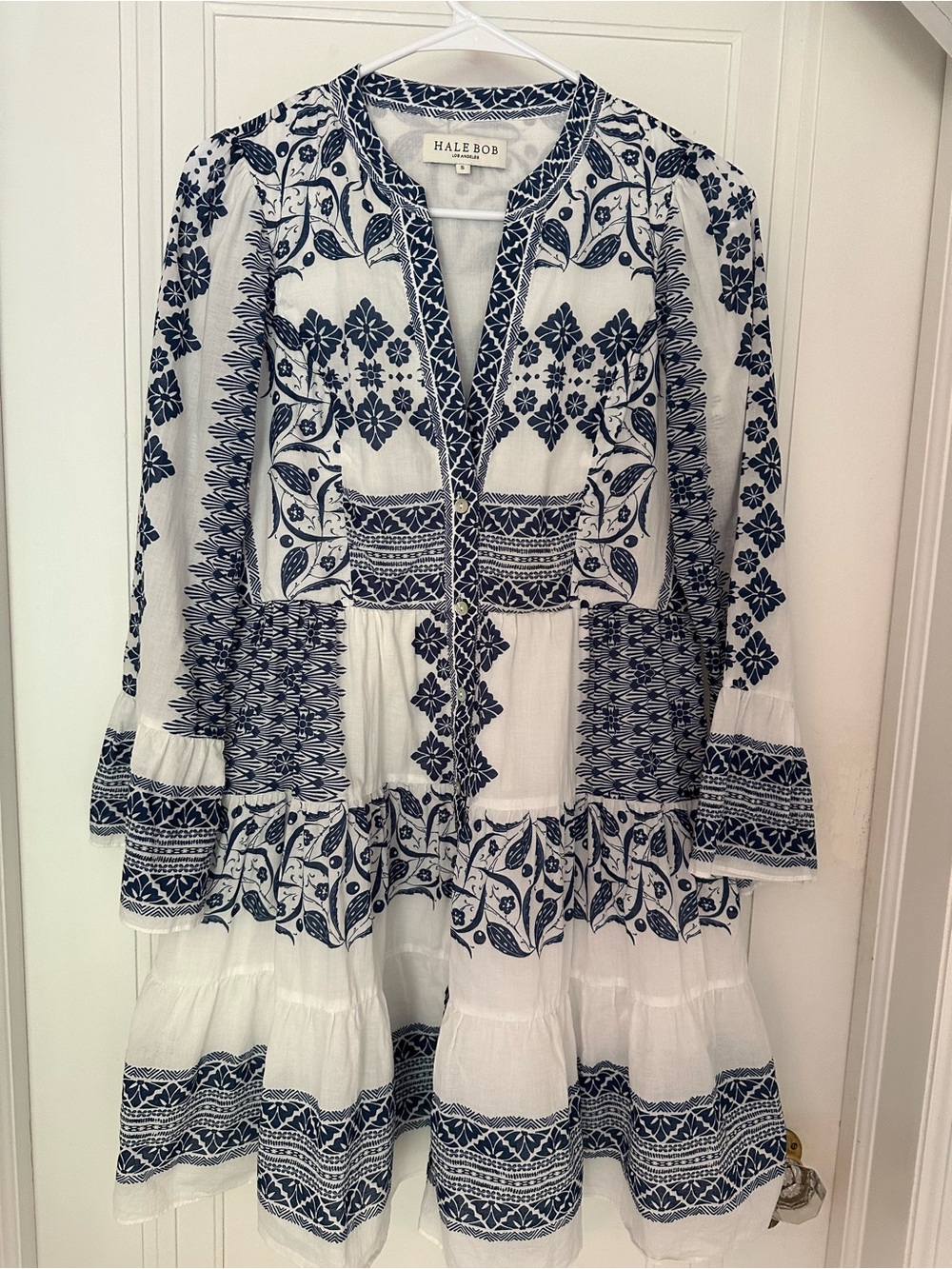 Hale Bob Blue White Cotton Floral Tiered Mini Dress Size S